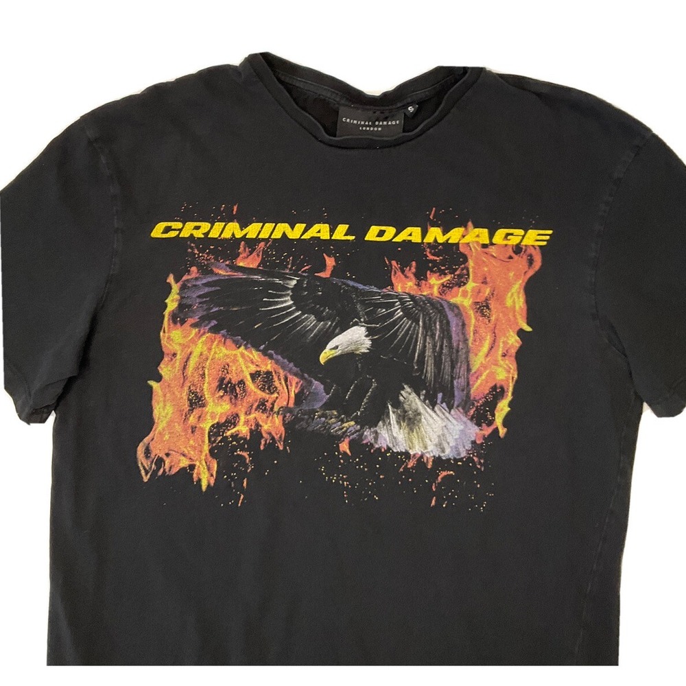 Criminal Damage London T Shirt Mens S Eagle Flames Graphic Tee Black SS